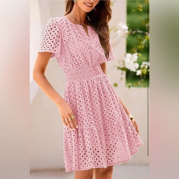 PRETTYGARDEN Short Dress V Neck Short Sleeve A Line Hollow Out Lace Ruffle Dress - Picture 3 of 14